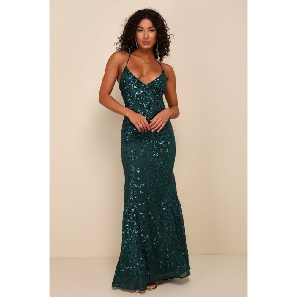 Lulus Photo Finish Forest Green Sequin Lace-up Maxi Dress - Size M
